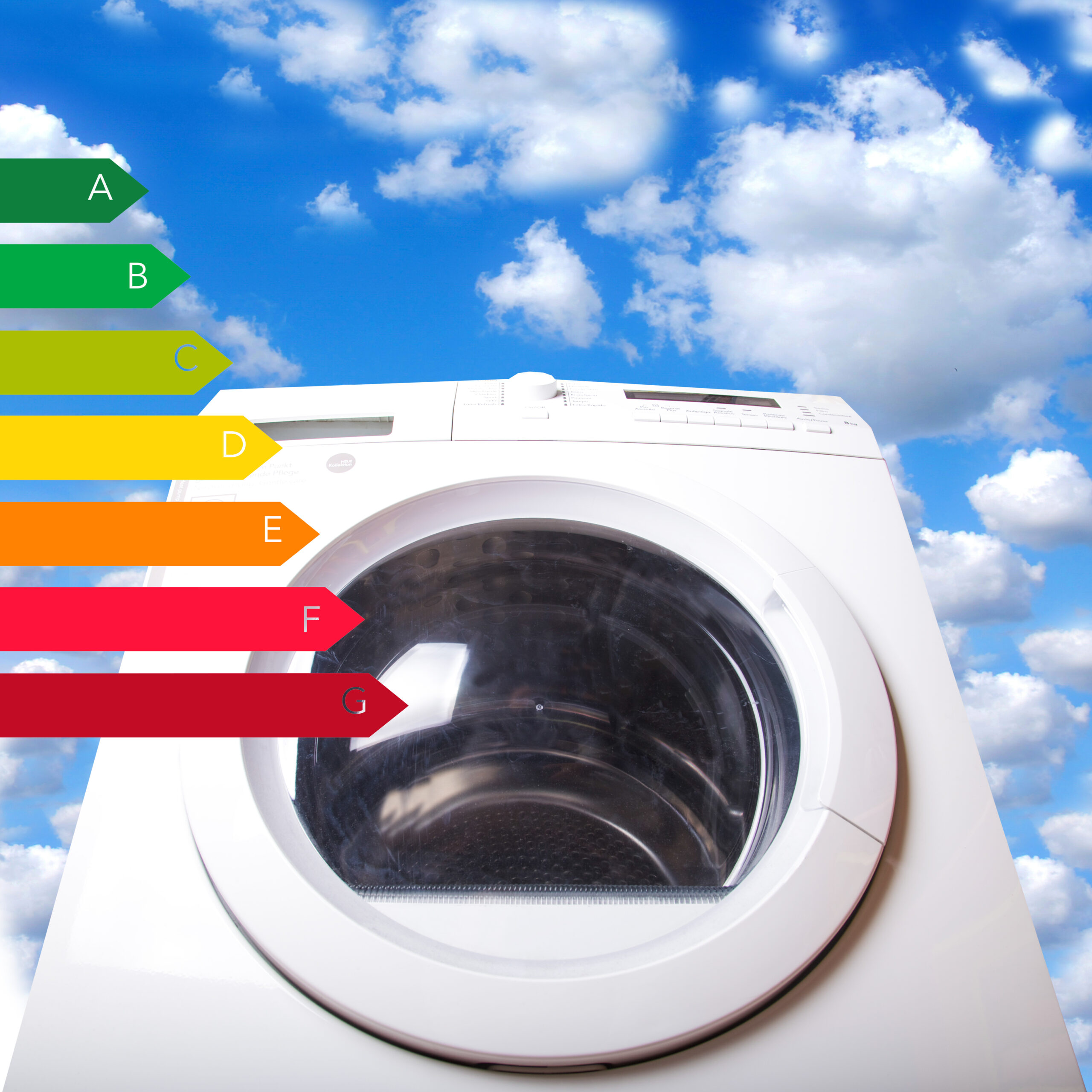 Waschmaschine mit blauen Himmel: Waschmaschine und EU-Label
