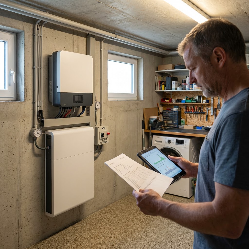 Nutzt das Haus als Kraftwerk, Ein Mann steht vor seiner Heizungsanlage und überprüft etwas