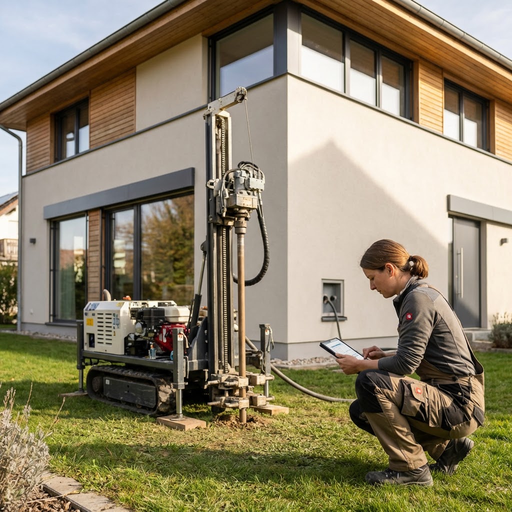 Bild einer Heizungsinstallateurin welche gerade etwas auf ihrem Tablet überprüft