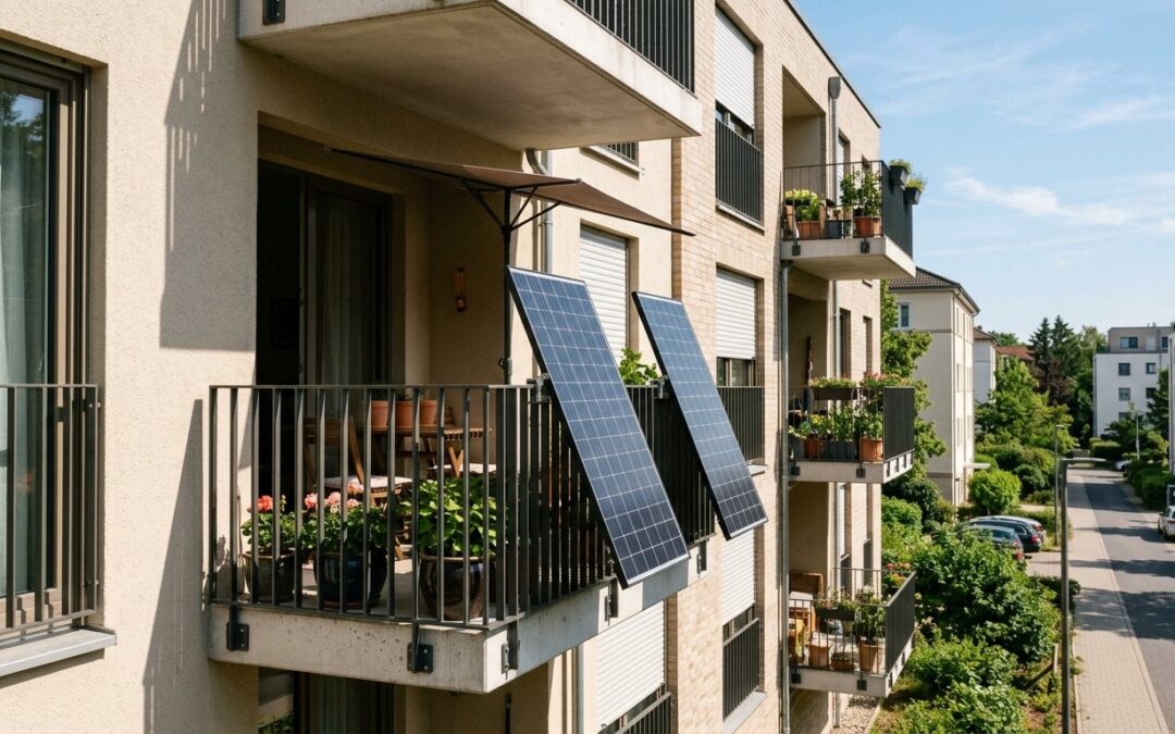 Balkonkraftwerk: zwei Solarmodule sind außen am Balkongeländer eines Mehrfamilienhauses in die Sonne ausgerichtet
