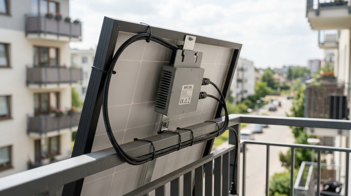 Balkonkraftwerk anschließen: ein Wechselrichter mit Anschlusskabel hängt hinter dem montierten Solarmodul am Geländer