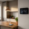 Smart-Meter-Display an einer hellen Küchenwand zeigt eine Strompreis-Kurve, daneben ein Smartphone mit Tarif-App auf einer Holzarbeitsplatte, weiches Nachmittagslicht von der Seite.