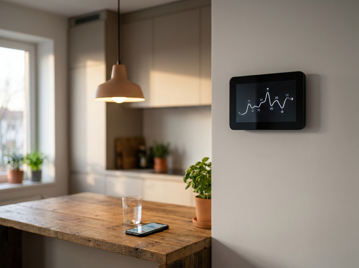 Smart-Meter-Display an einer hellen Küchenwand zeigt eine Strompreis-Kurve, daneben ein Smartphone mit Tarif-App auf einer Holzarbeitsplatte, weiches Nachmittagslicht von der Seite.
