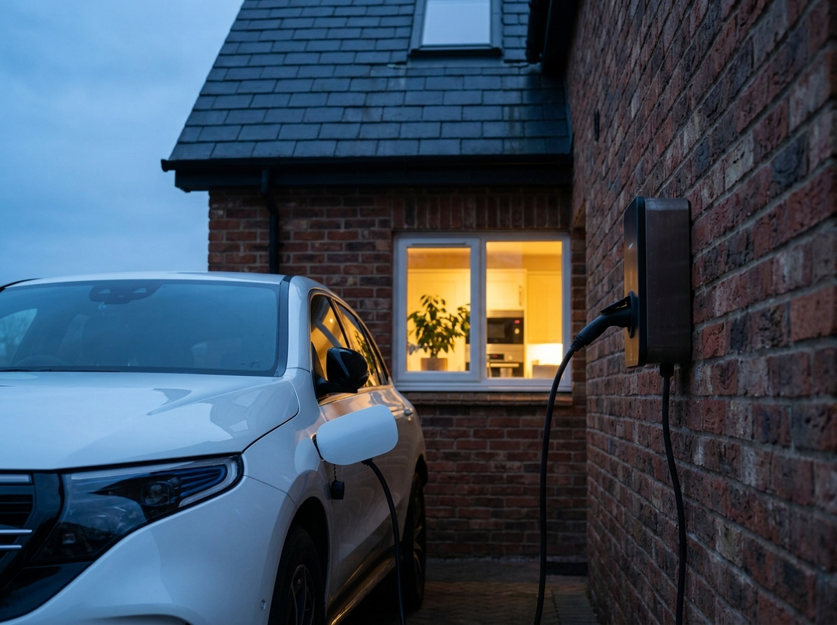 Weißes Elektroauto lädt an einer Wallbox an einer Klinkerwand in der Abenddämmerung, warmes Licht aus einem Küchenfenster, blauer Dämmerungshimmel.