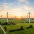 Mehrere moderne weiße Windräder stehen über grünen Feldern einer weiten norddeutschen Ebene, im warmen Gegenlicht eines goldenen Abendhimmels mit wenigen Wolken.