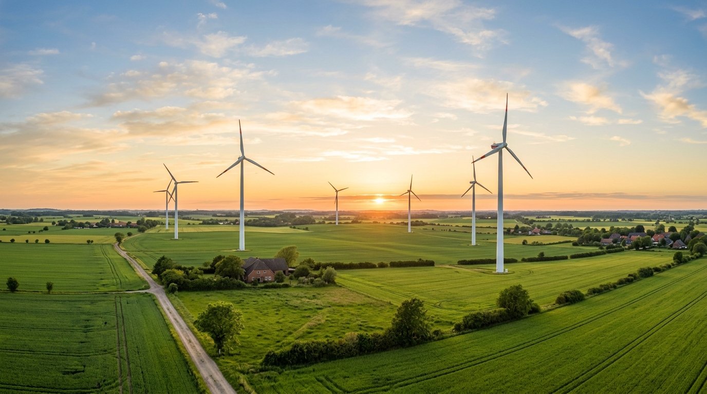 Mehrere moderne weiße Windräder stehen über grünen Feldern einer weiten norddeutschen Ebene, im warmen Gegenlicht eines goldenen Abendhimmels mit wenigen Wolken.