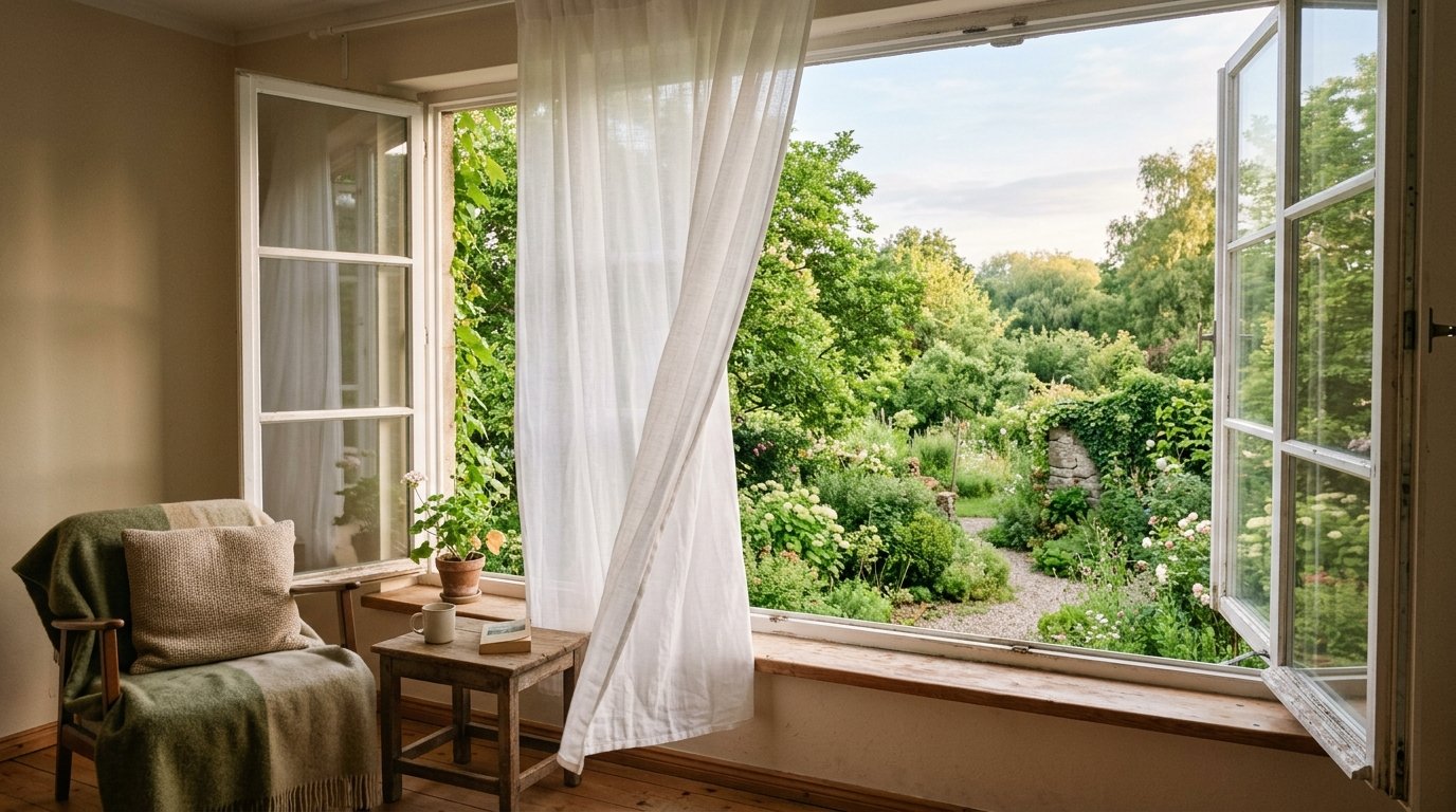 Querlüften am frühen Morgen: ein weit geöffnetes Fenster tauscht die warme Raumluft gegen kühle Morgenluft