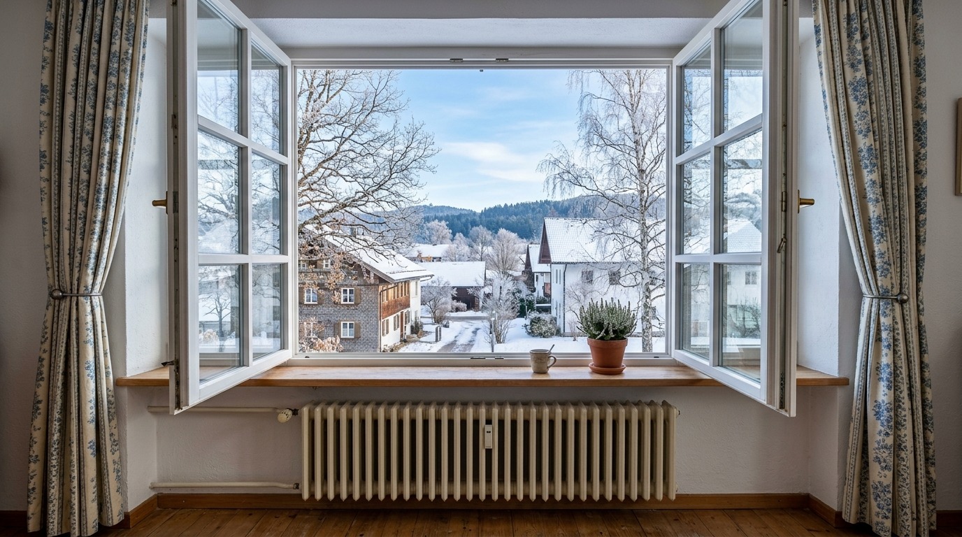 Weit geöffnetes Fenster beim Stoßlüften an einem kalten Wintermorgen, Heizkörper darunter.