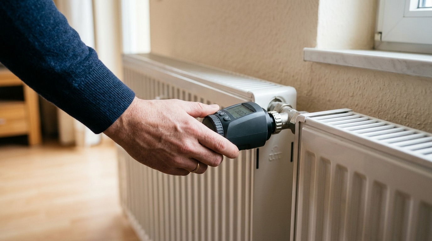 Hand stellt ein programmierbares Thermostat an einem weißen Heizkörper ein.