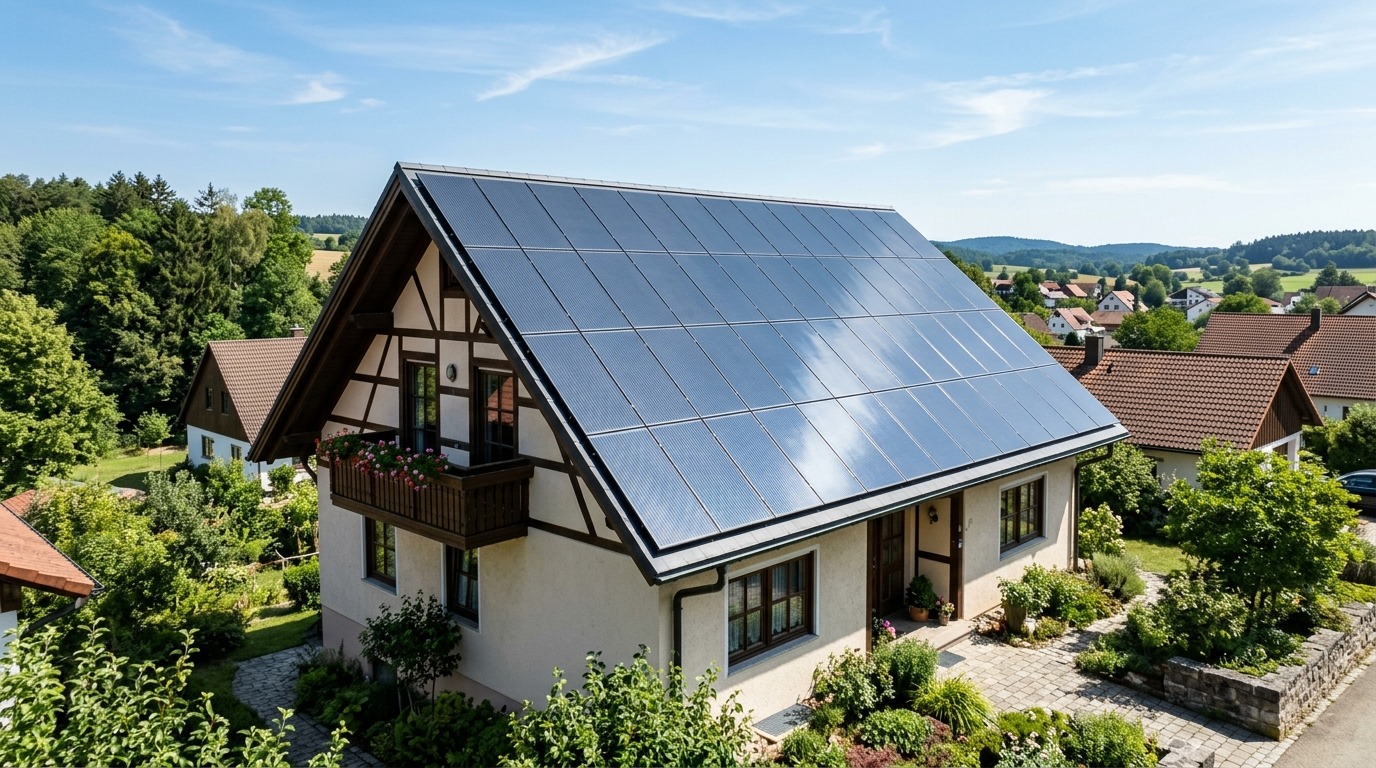 Satteldach eines Wohnhauses mit dunklen Photovoltaikmodulen unter blauem Himmel.