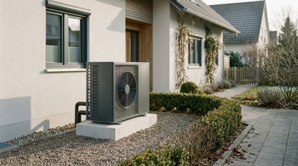 Außeneinheit einer Luft-Wasser-Wärmepumpe auf einem Sockel neben der Hauswand.