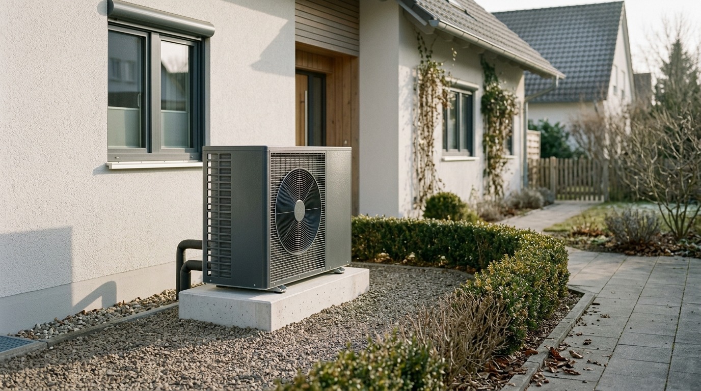 Außeneinheit einer Luft-Wasser-Wärmepumpe auf einem Sockel neben der Hauswand.