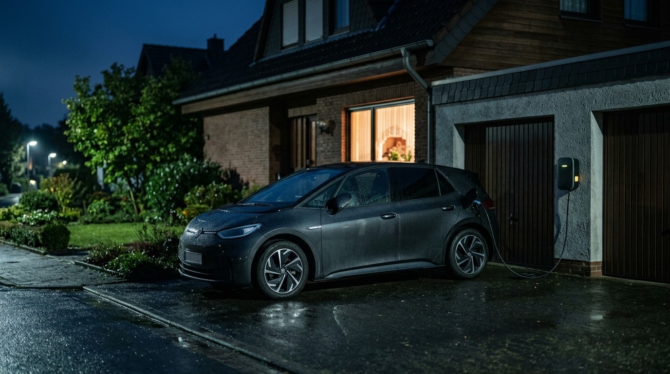 Elektroauto lädt nachts in der Einfahrt an einer Wallbox an der Garagenwand.