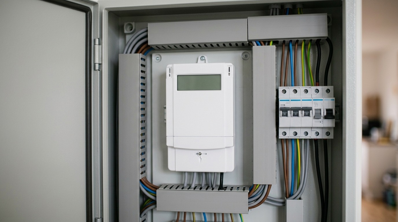 Moderner digitaler Stromzähler in einem geöffneten Zählerschrank mit Sicherungen.