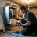 Techniker prüft mit Messgerät die Werte eines Gas-Brennwertgeräts bei der Heizungswartung im Keller