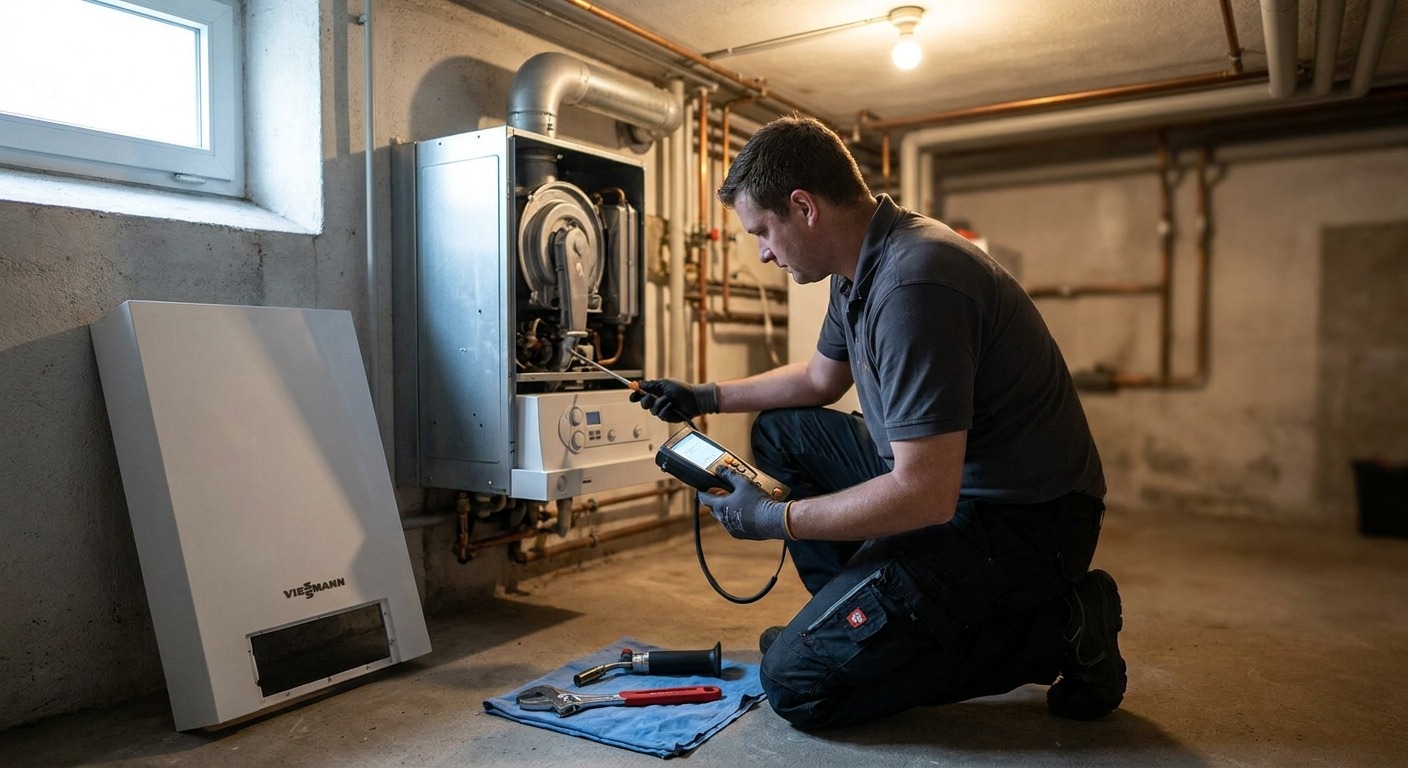 Techniker prüft mit Messgerät die Werte eines Gas-Brennwertgeräts bei der Heizungswartung im Keller