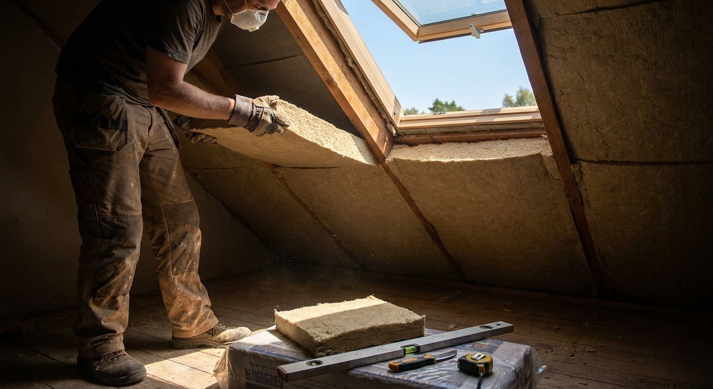 Handwerker klemmt eine Holzfaser-Dämmplatte zwischen zwei Dachsparren in einem ausgebauten Dachgeschoss