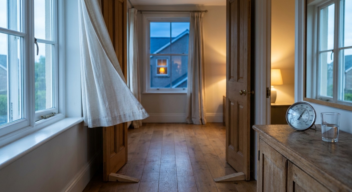 Zwei gegenüberliegende offene Fenster und offene Zimmertüren sorgen in der Dämmerung für Querlüftung