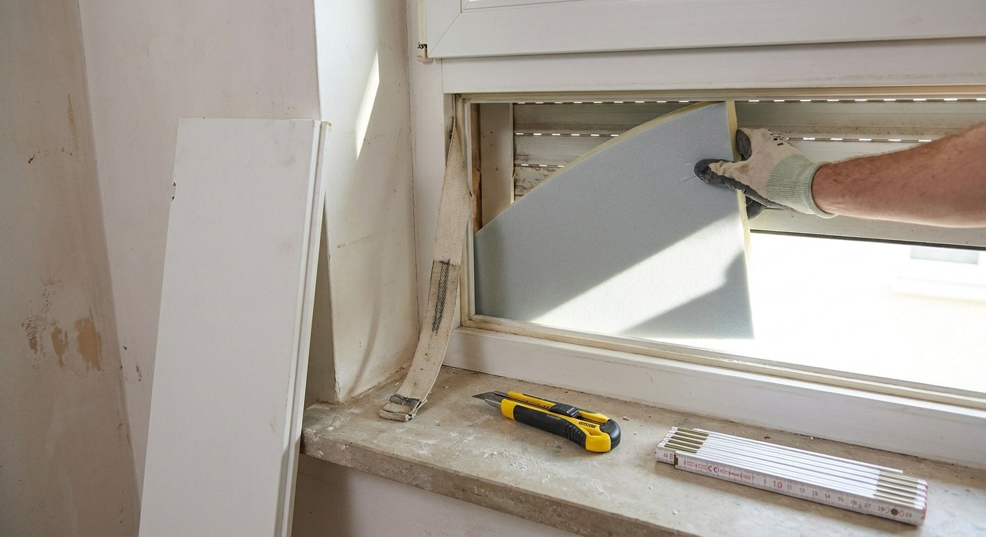 Geöffneter Rollladenkasten mit eingesetzter Dämmplatte, daneben Cutter und Zollstock