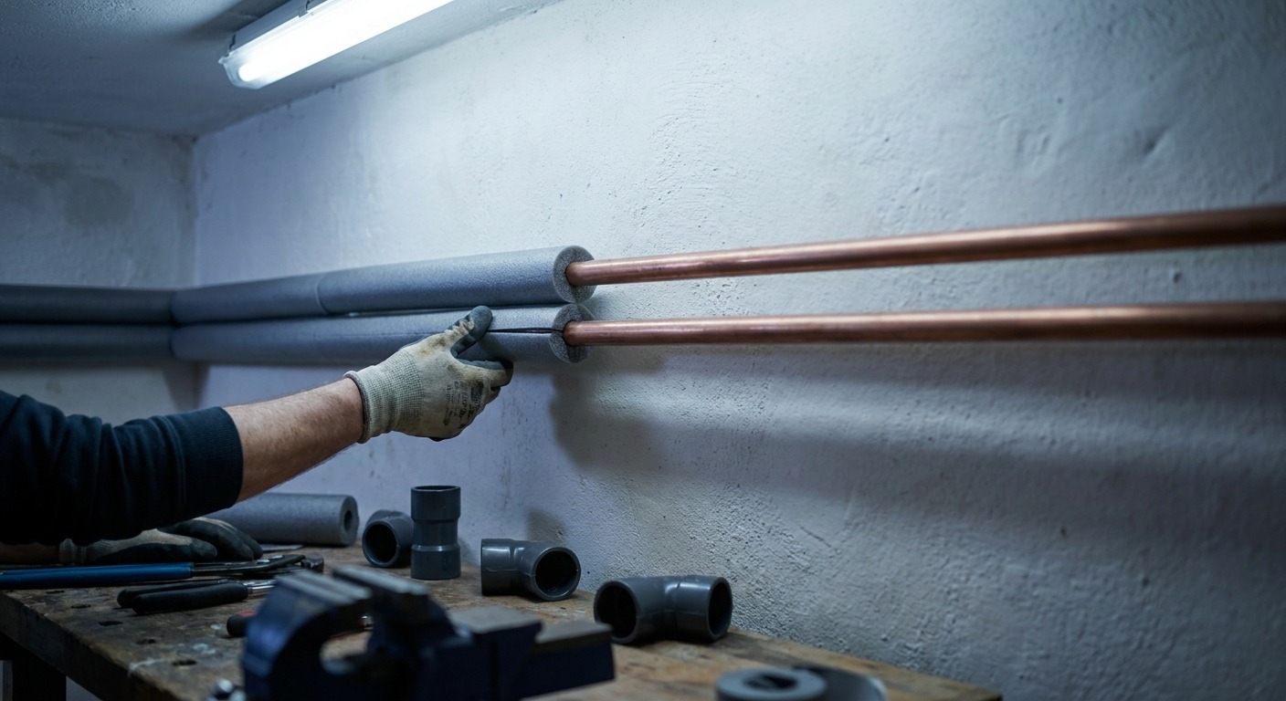 Kupferrohre im Keller, halb mit Rohrschalen gedämmt, Hand schließt eine Längsnaht