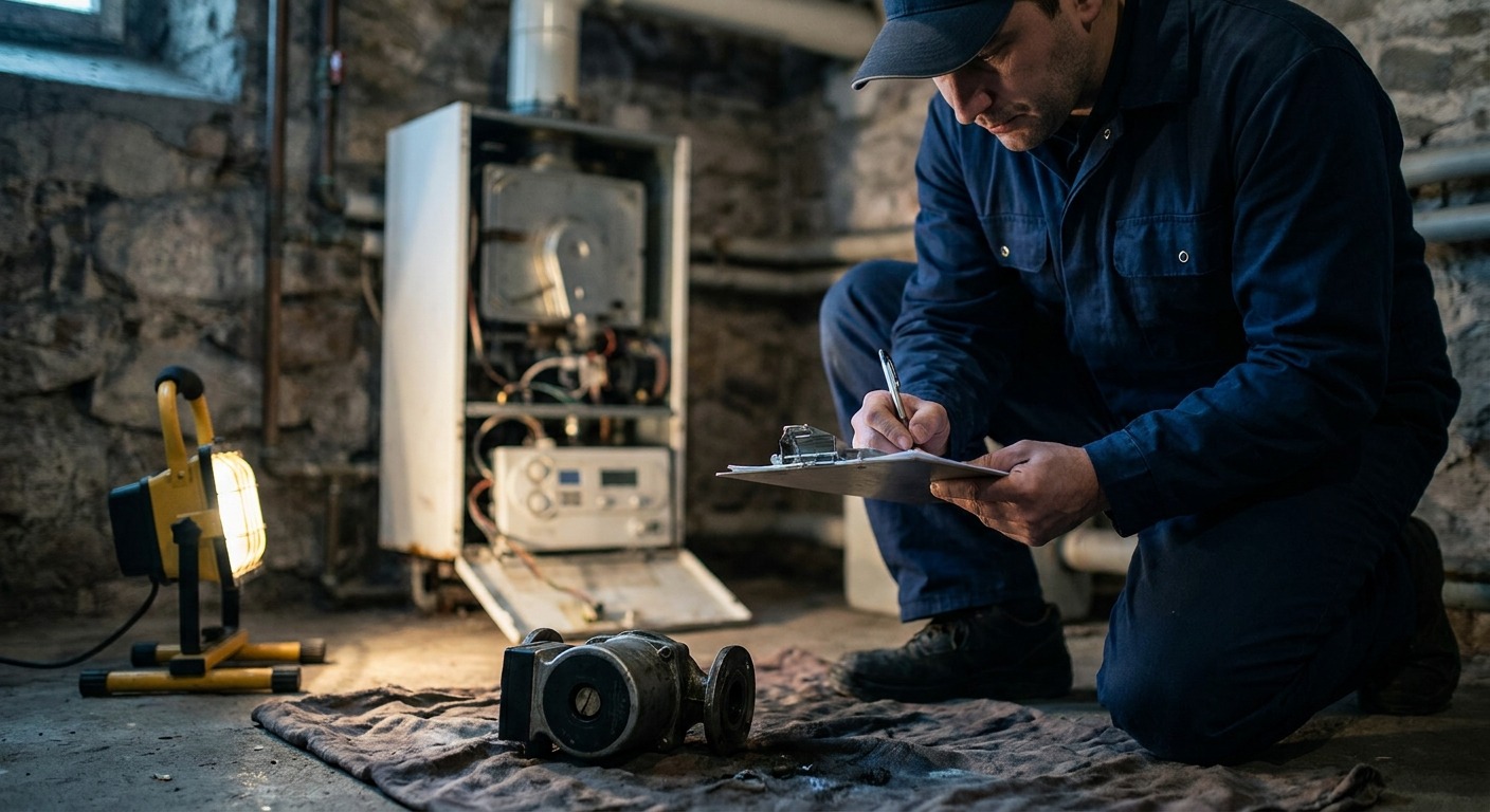 Heizungsmonteur notiert Befund vor geöffnetem älterem Gaskessel, davor ein ausgebautes defektes Bauteil