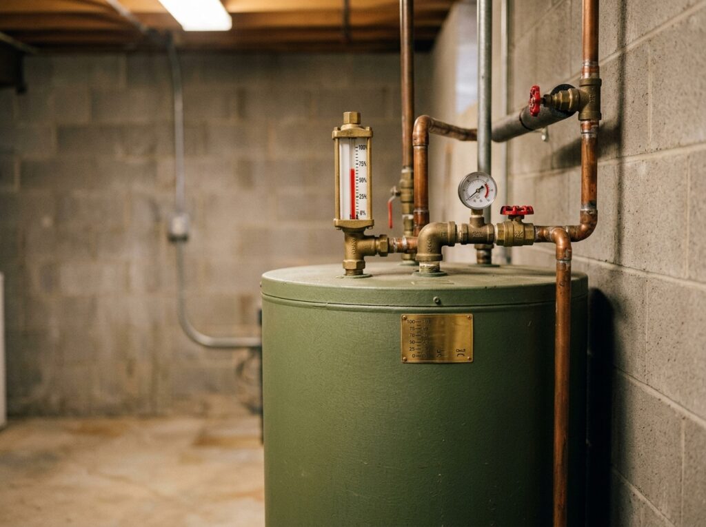 Wohnhaus-Öltank in einem Kellerraum mit sichtbarer Füllstandsanzeige und Kupferverschraubungen, warmes indirektes Licht, gedeckte Grün- und Kupfertöne.
