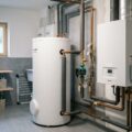 Weißer 200-Liter-Warmwasserspeicher mit gedämmten Kupferleitungen und kleiner Zirkulationspumpe neben einer Wärmepumpen-Inneneinheit in einem Hauswirtschaftsraum.