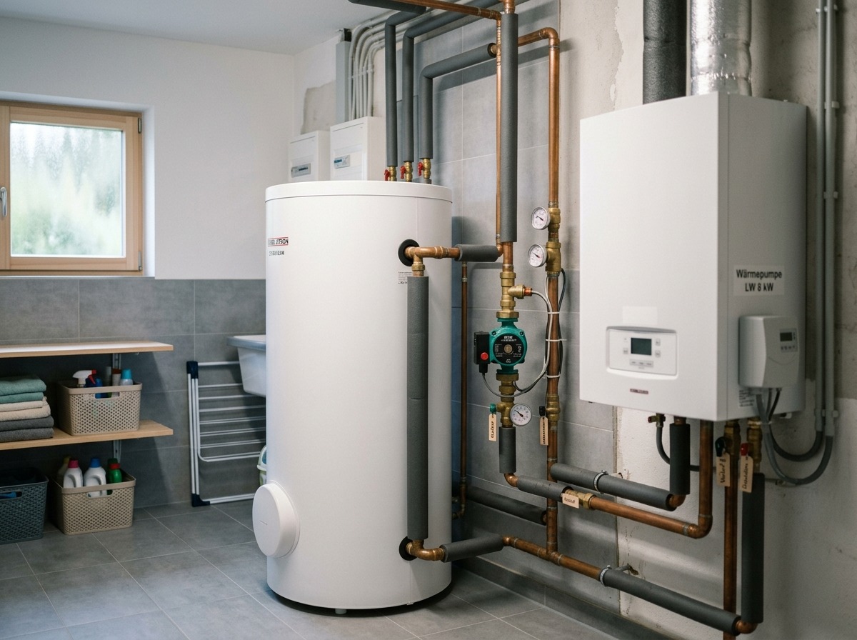 Weißer 200-Liter-Warmwasserspeicher mit gedämmten Kupferleitungen und kleiner Zirkulationspumpe neben einer Wärmepumpen-Inneneinheit in einem Hauswirtschaftsraum.