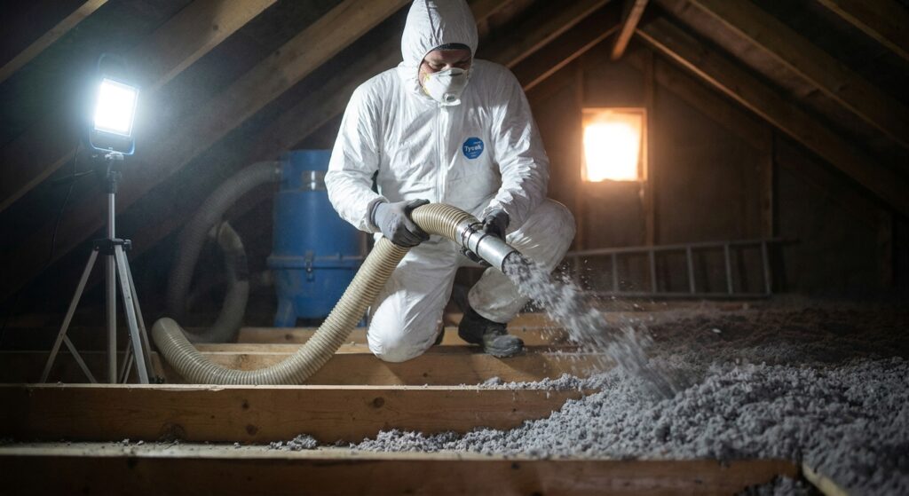 Handwerker bläst mit einem Schlauch graue Zellulose zwischen Holzbalken auf einem Dachboden