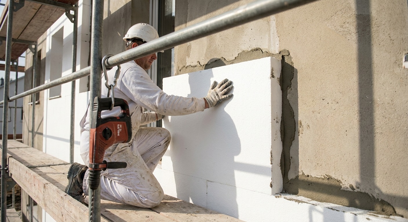 Handwerker drückt auf einem Gerüst eine weiße Dämmplatte auf eine verputzte Hauswand, um die Fassade zu dämmen