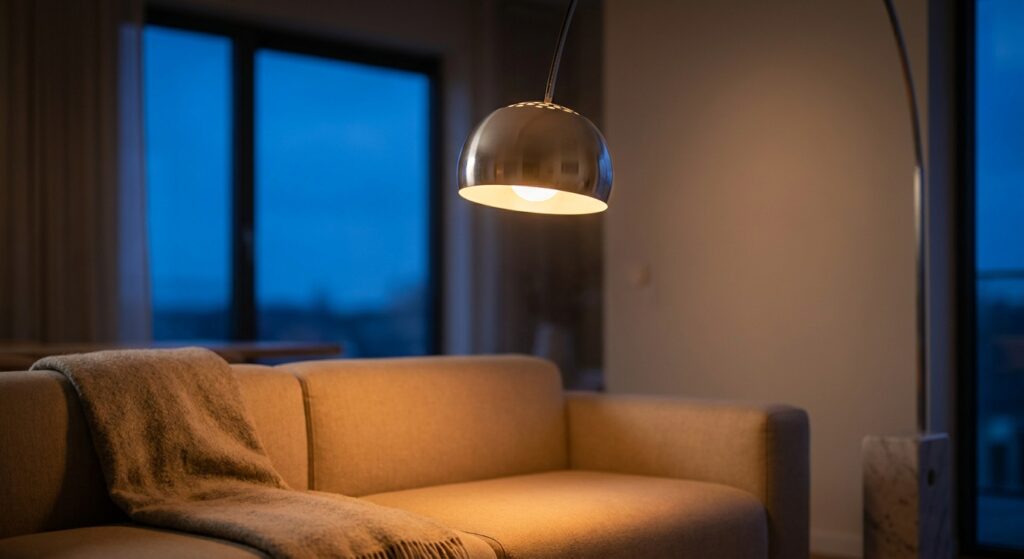 Wohnzimmer in der Dämmerung mit Sofa und Bogenleuchte, die warmweißes Licht abgibt