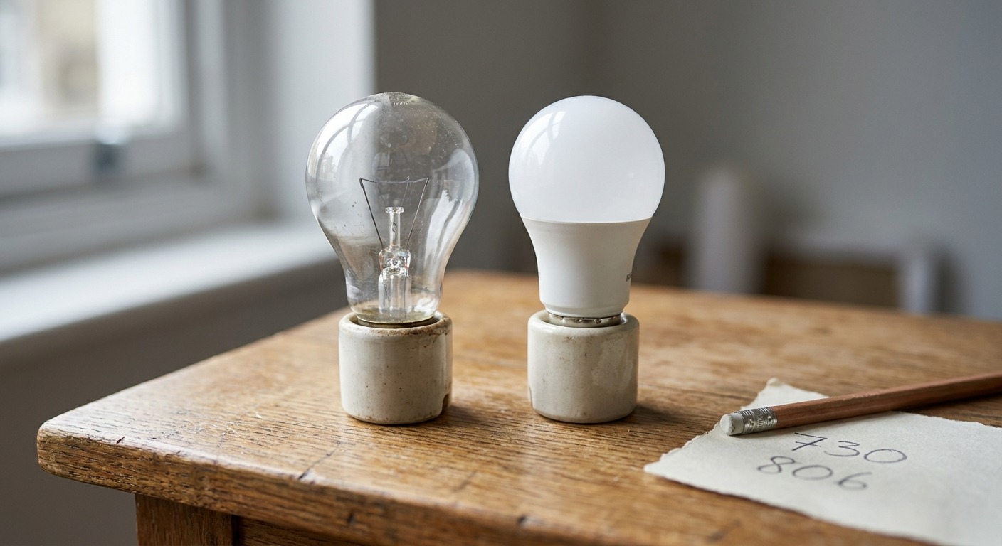 Alte Glühlampe neben einer LED-Lampe auf einem Holztisch, daneben ein Bleistift und ein Notizzettel zum energieeffizienten Beleuchten