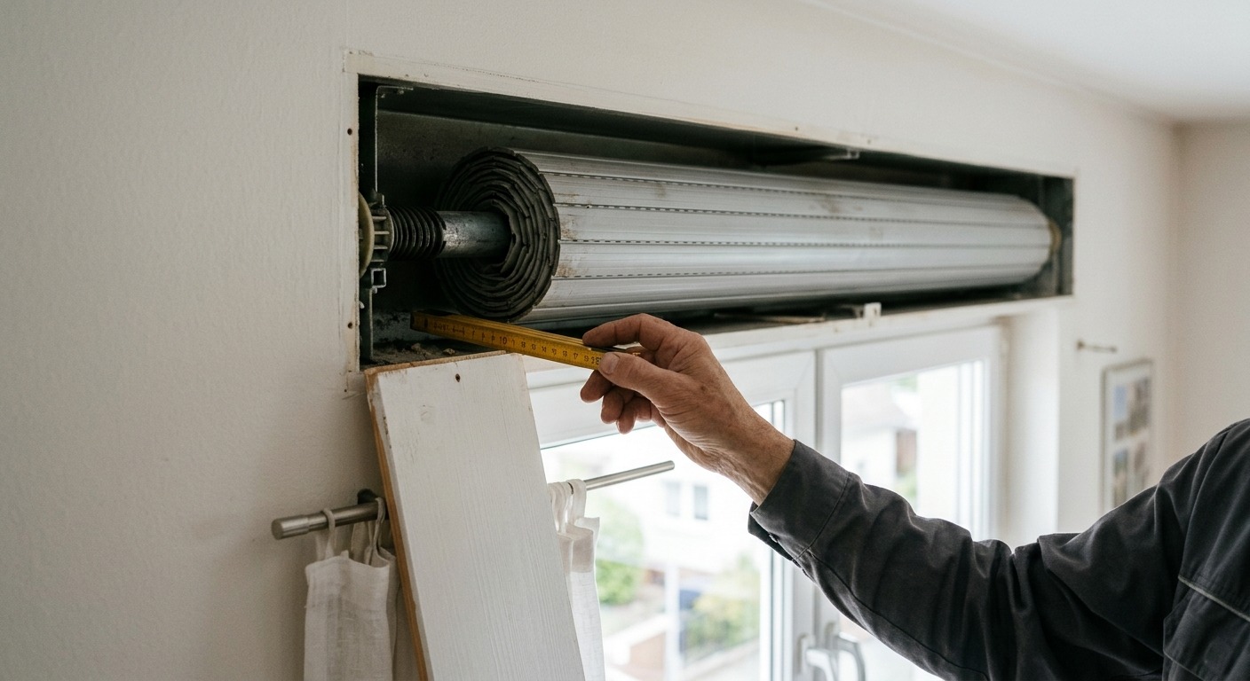 Geöffneter Rollladenkasten über einem Fenster, eine Hand misst mit dem Zollstock neben dem aufgewickelten Rollladen den verfügbaren Platz zum Dämmen