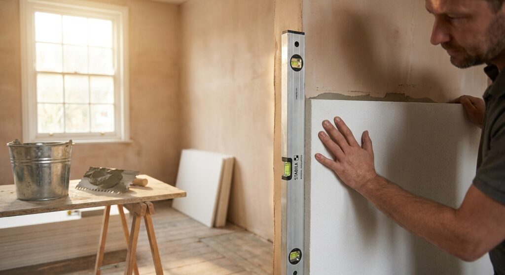 Weiße Mineraldämmplatten werden mit Wasserwaage und Kleber an eine Innenwand eines Altbaus montiert