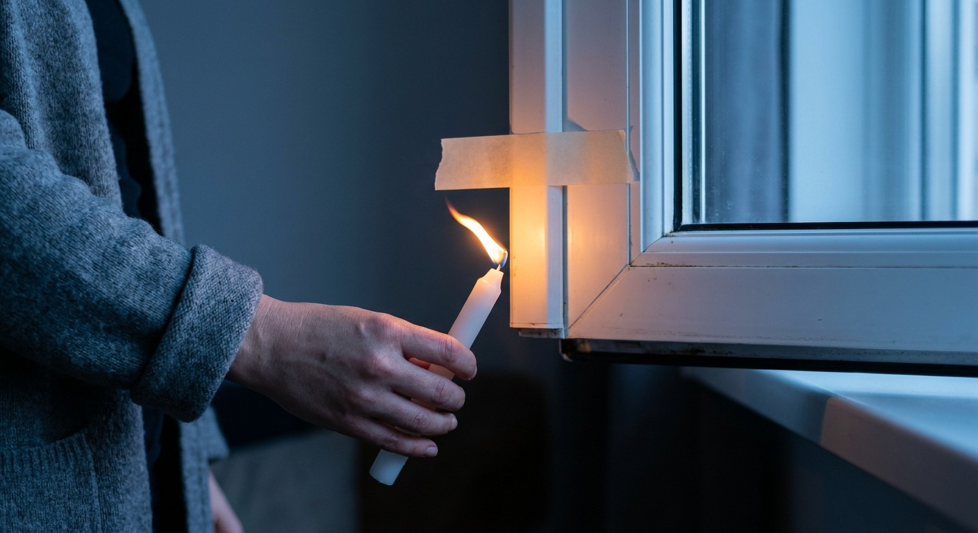 Brennende Kerze an der Fensterfuge, die Flamme neigt sich seitlich durch einen Luftzug und zeigt, wo man das Fenster abdichten muss