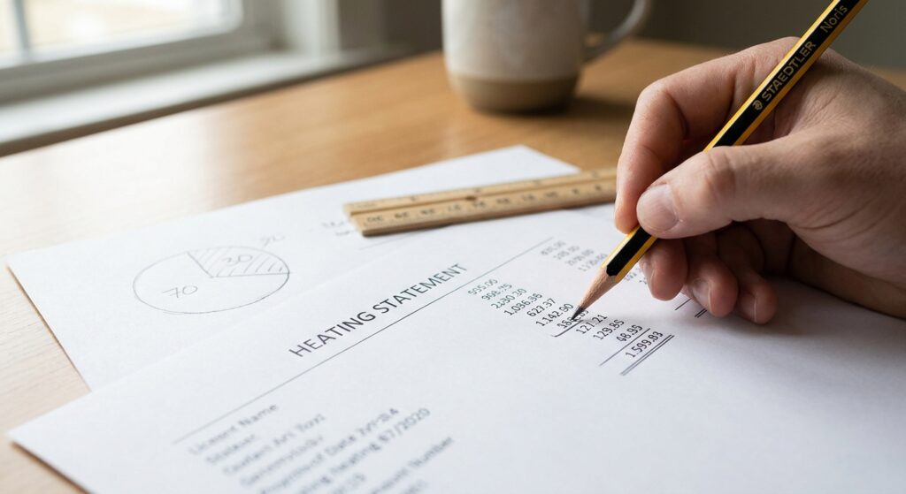 Hand unterstreicht mit einem Bleistift Zahlen in einer Heizkostenabrechnung, daneben eine handschriftliche Skizze