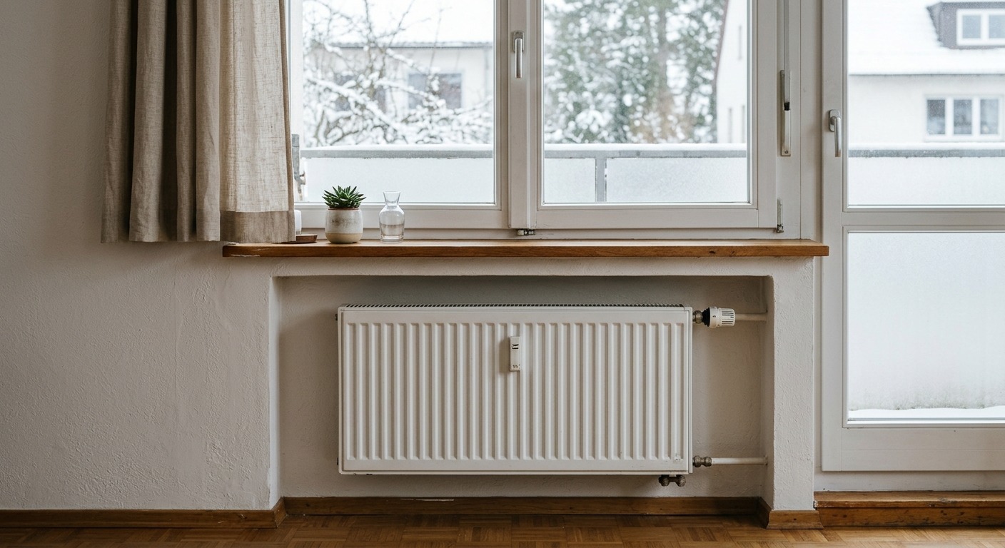 Weißer Heizkörper in einer flachen Wandnische unter einem Fenster, Platz für eine Reflexionsfolie hinter dem Heizkörper, trübes Winterlicht