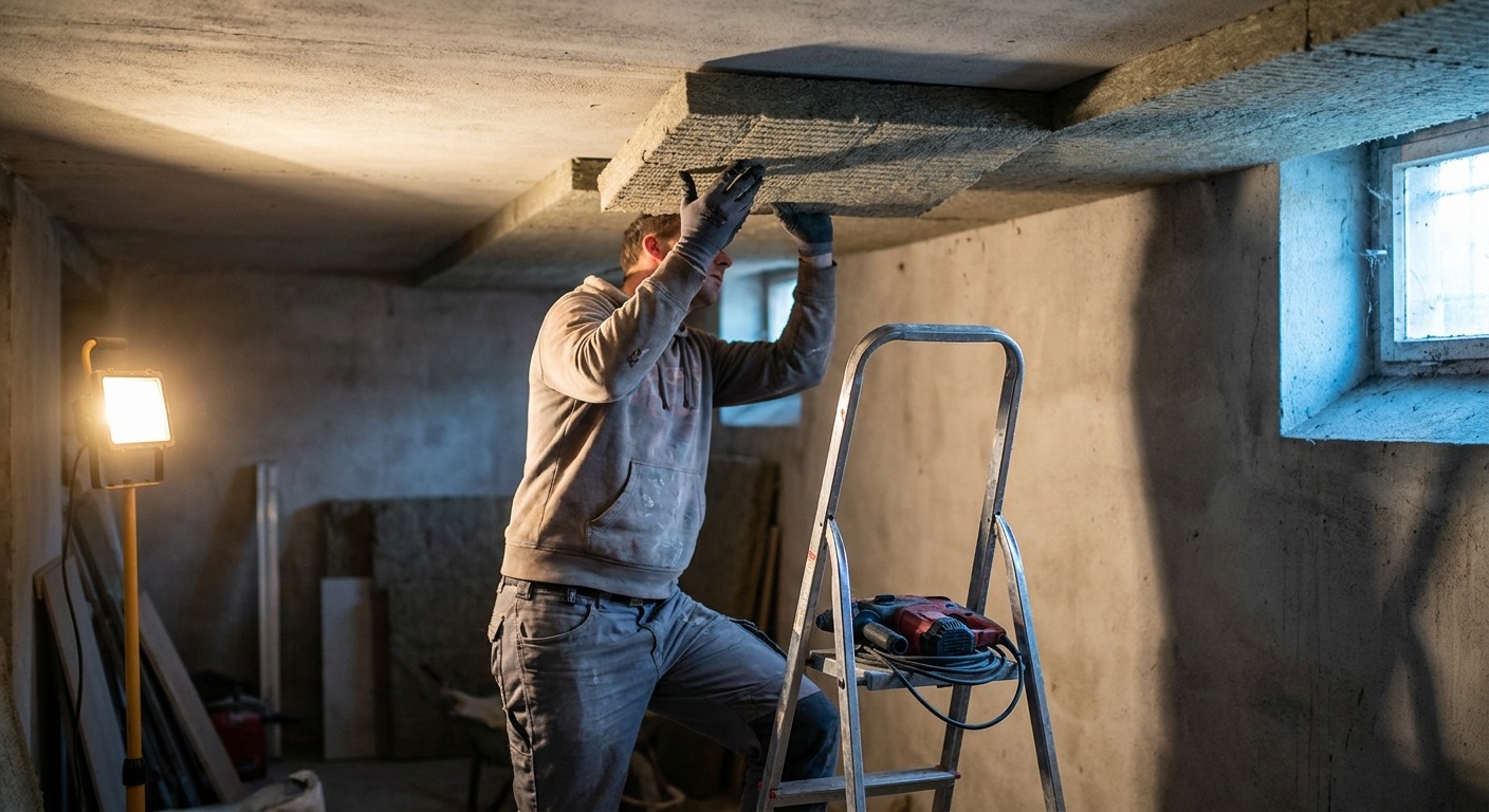 Handwerker klebt eine Steinwolle-Dämmplatte an die Betondecke eines Kellers, um die Kellerdecke zu dämmen