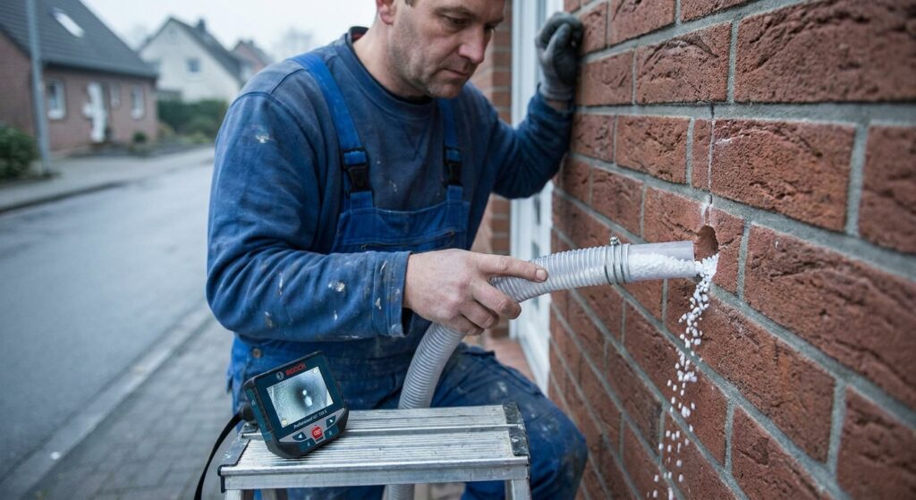Handwerker bläst weißes Granulat durch einen Schlauch in ein Bohrloch einer roten Klinkerwand