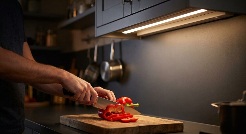 Hand schneidet Paprika auf einem Brett, darüber beleuchtet ein LED-Streifen die Arbeitsfläche