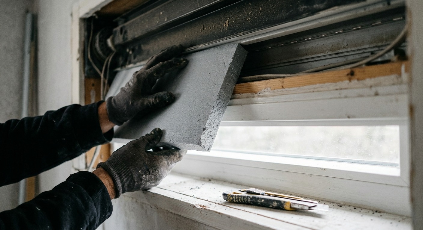 Hände drücken eine hellgraue Dämmplatte an die Innenwand eines geöffneten Rollladenkastens, Cutter auf der Fensterbank