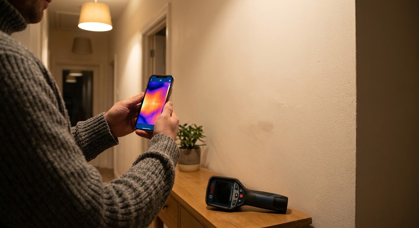 Person hält Smartphone mit Wärmebild vor eine Außenecke, daneben liegt ein Thermodetektor