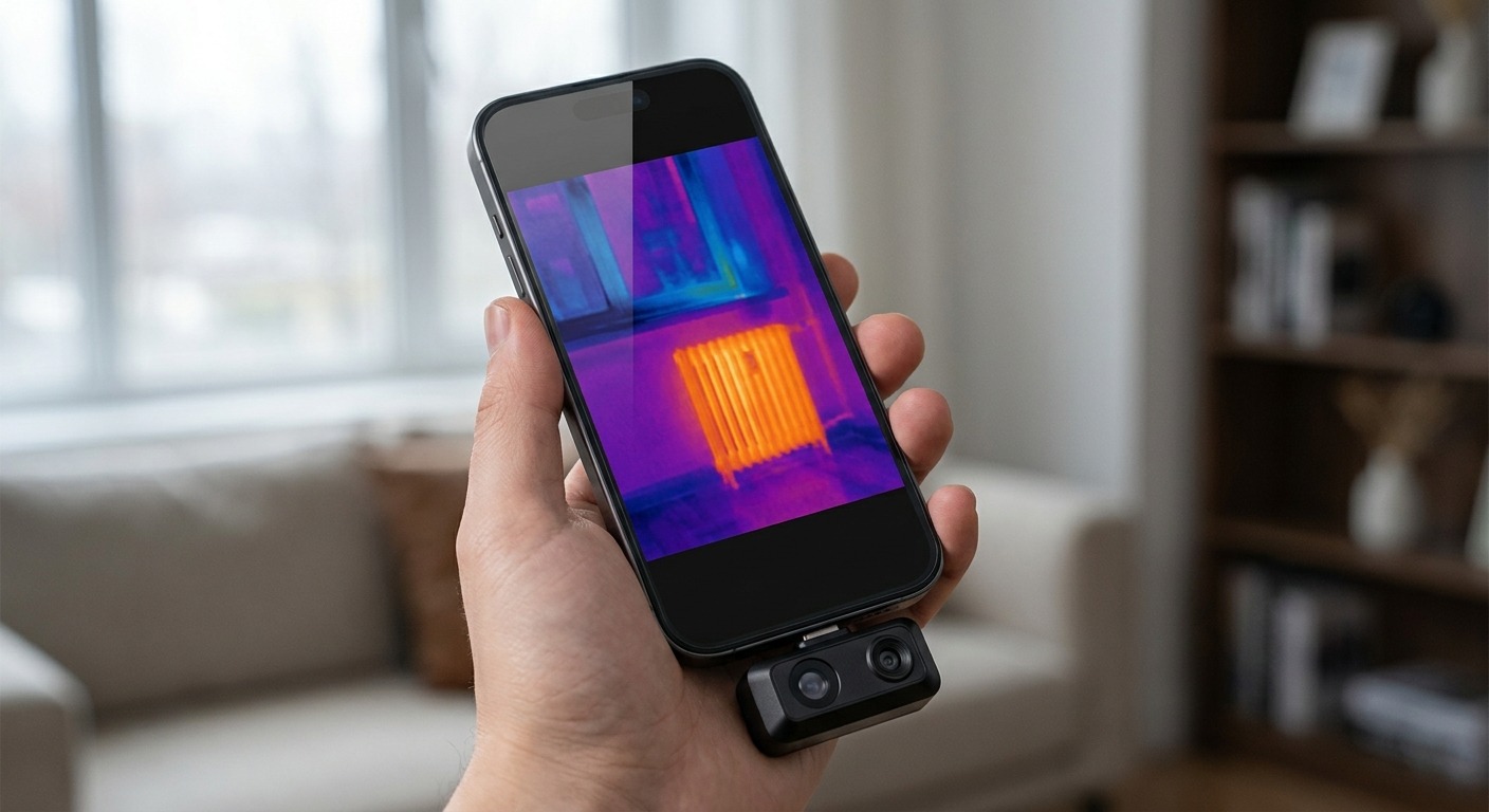 Smartphone mit angesteckter Wärmebildkamera zeigt ein farbiges Wärmebild einer Wand mit Fenster und Heizkörper