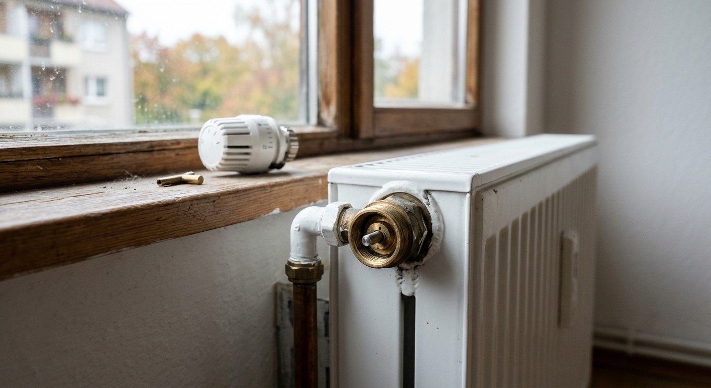 Klemmendes Heizkörperventil mit freiliegendem Metallstift, der Thermostatkopf liegt auf der Fensterbank, Herbstlicht