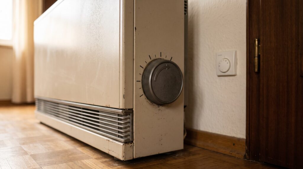 Drehknopf zum Einstellen der Aufladung an einem beigefarbenen Nachtspeicherofen, dahinter ein Raumthermostat neben der Tür